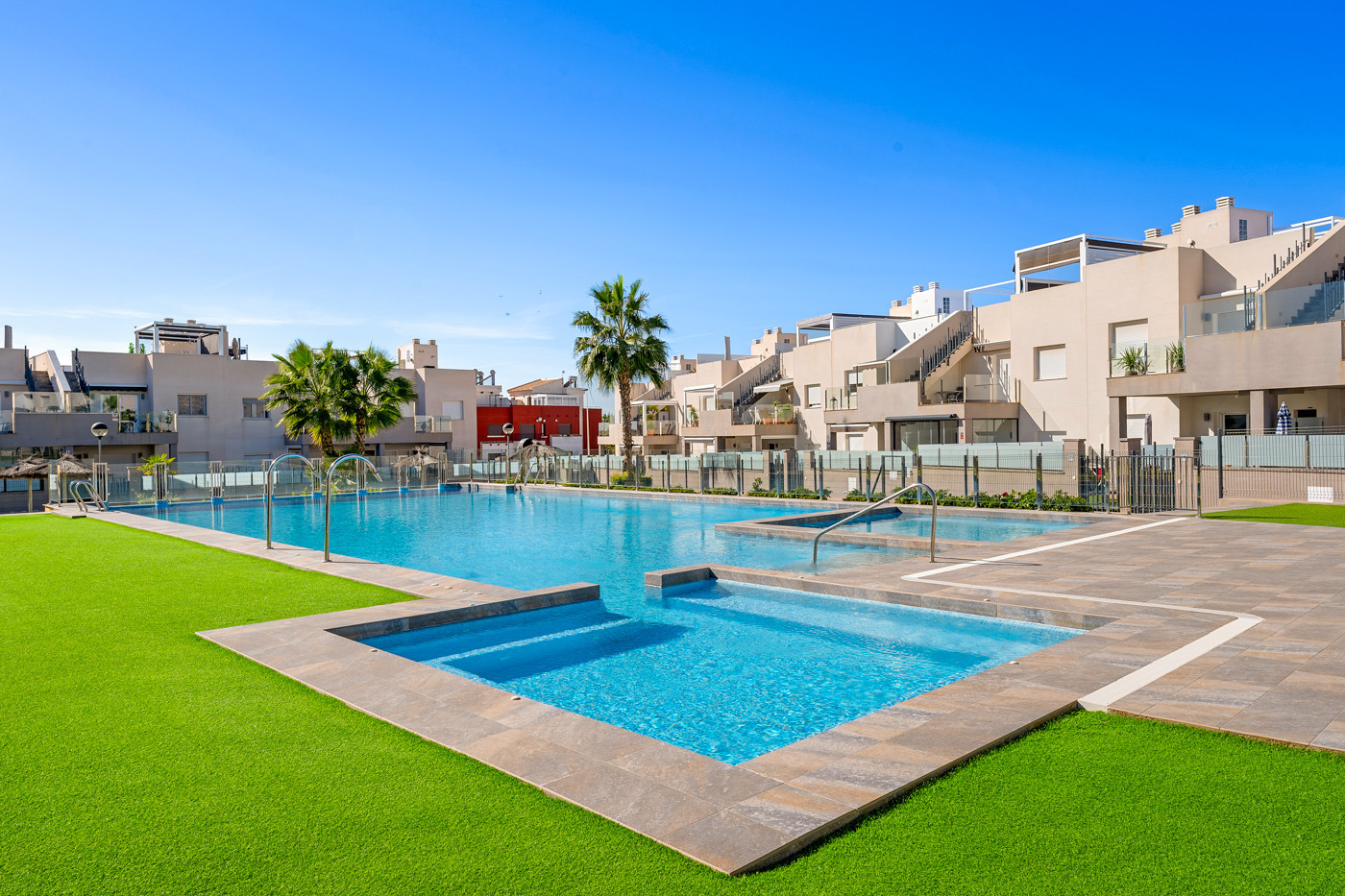 Pool area in bungalow for sale in Torrevieja